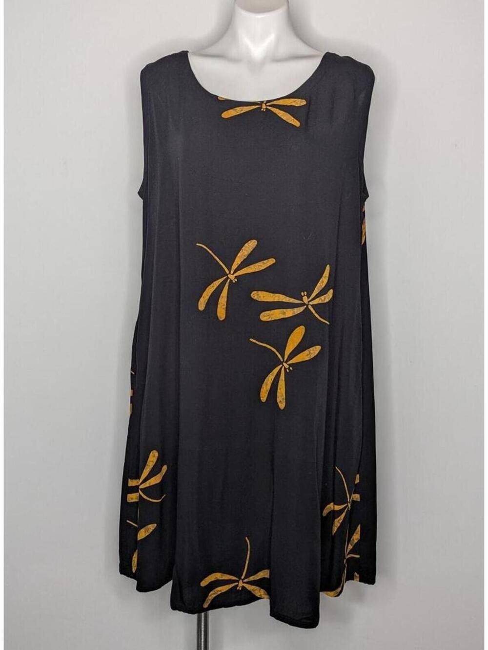 Del Sole Black Yellow Dragonfly Sleeveless Knee Length Dress XL